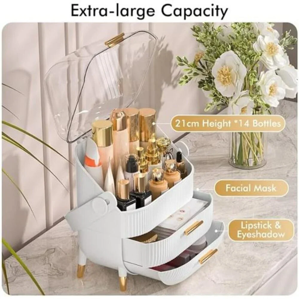 White Makeup Organizer with Lid Skincare Storage Box for Vanity Bathroom